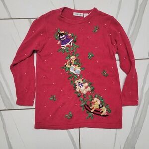 Vintage Red Christmas cottagecore sweater with embroidered cats and dogs